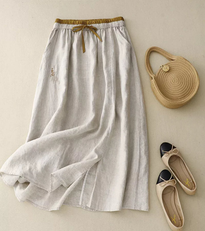 RICA | GONNA LUNGA IN LINO E COTONE CON DETTAGLI ARTIGIANALI