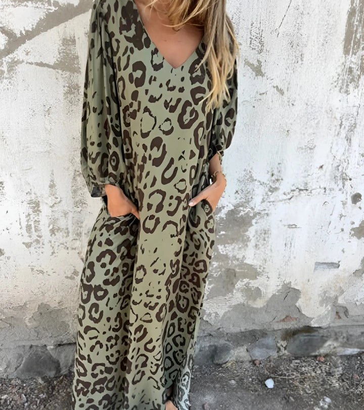 SAFARI | Abito Lungo con Stampa Animalier e Scollo a V