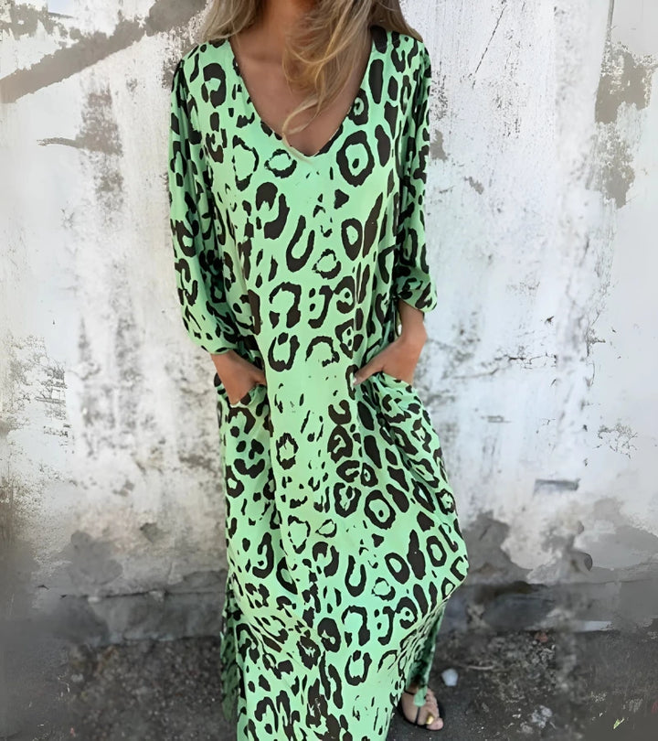 SAFARI | Abito Lungo con Stampa Animalier e Scollo a V