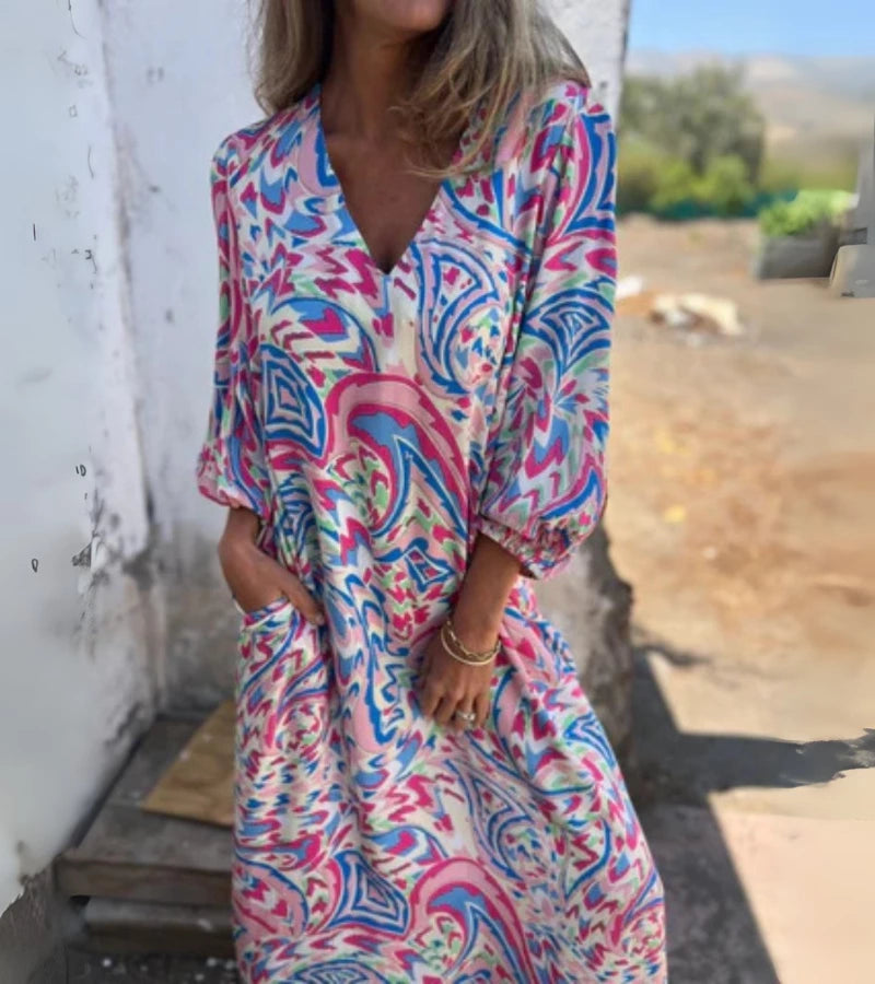 SAFARI | Abito Lungo con Stampa Animalier e Scollo a V