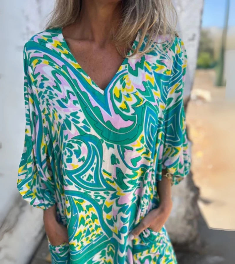 SAFARI | Abito Lungo con Stampa Animalier e Scollo a V