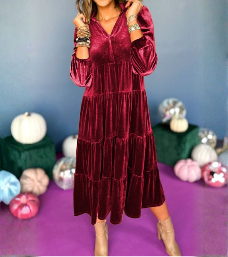 Wanda | Abito midi elegante in velluto a trapezio con scollo a V