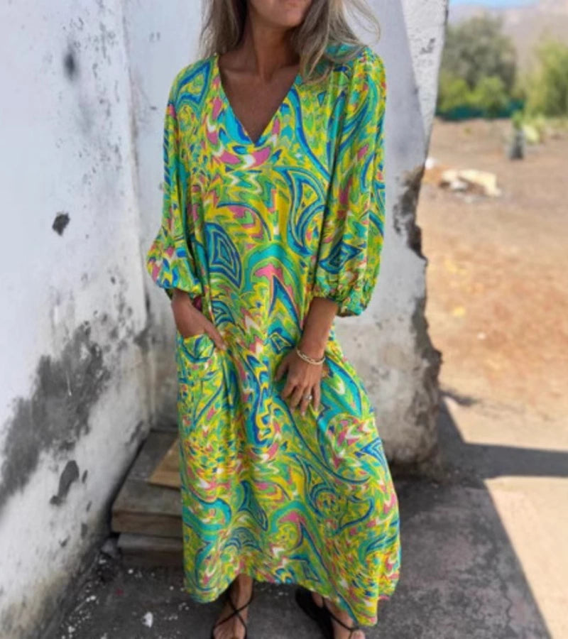 SAFARI | Abito Lungo con Stampa Animalier e Scollo a V