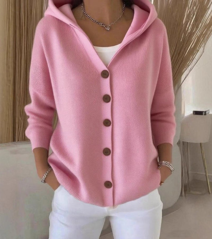 Dora |  Cardigan Comfort Chic con Cappuccio e Bottoni Eleganti
