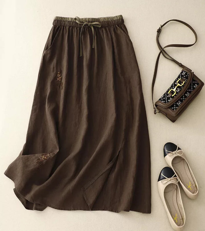 RICA | GONNA LUNGA IN LINO E COTONE CON DETTAGLI ARTIGIANALI