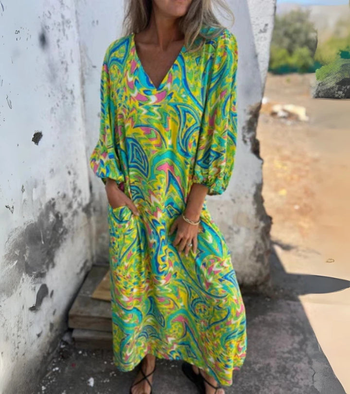 SAFARI | Abito Lungo con Stampa Animalier e Scollo a V