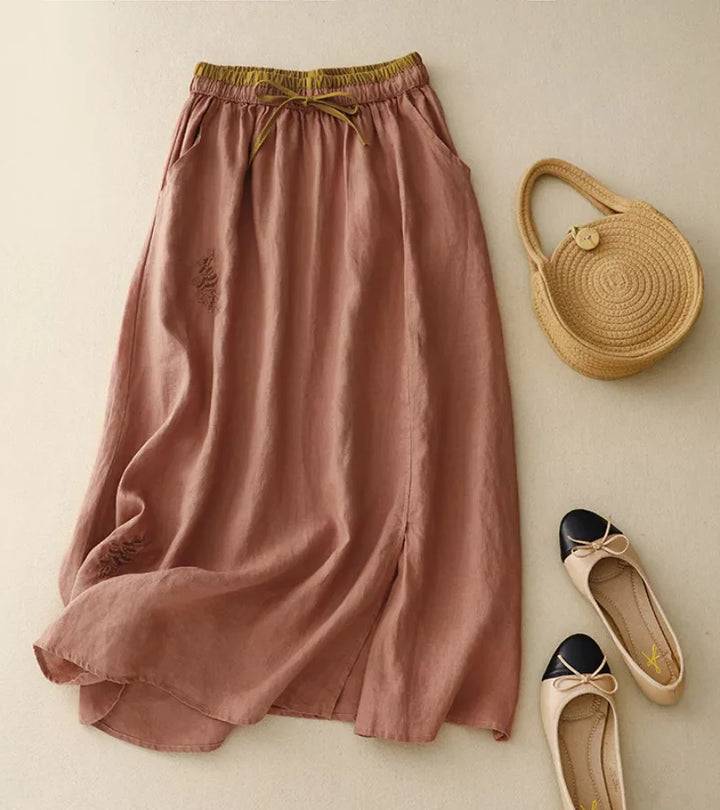 RICA | GONNA LUNGA IN LINO E COTONE CON DETTAGLI ARTIGIANALI