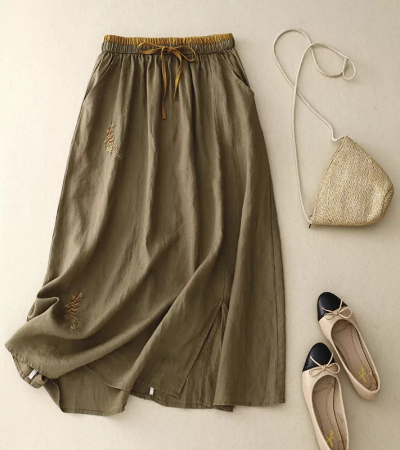 RICA | GONNA LUNGA IN LINO E COTONE CON DETTAGLI ARTIGIANALI