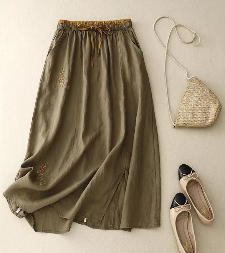 RICA | GONNA LUNGA IN LINO E COTONE CON DETTAGLI ARTIGIANALI