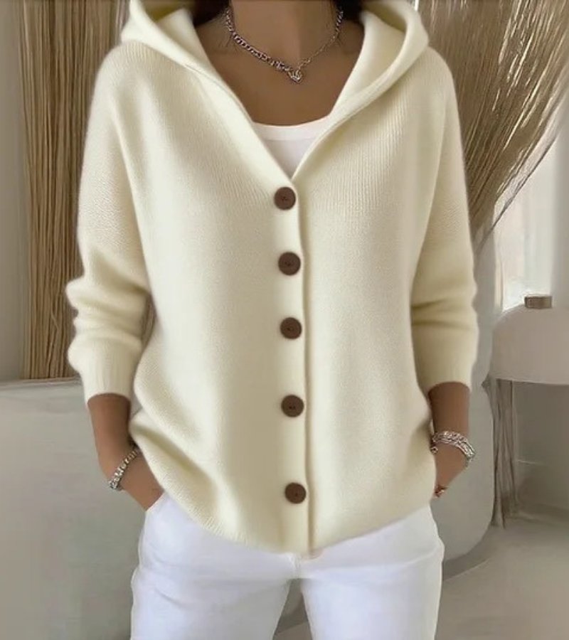 Dora |  Cardigan Comfort Chic con Cappuccio e Bottoni Eleganti