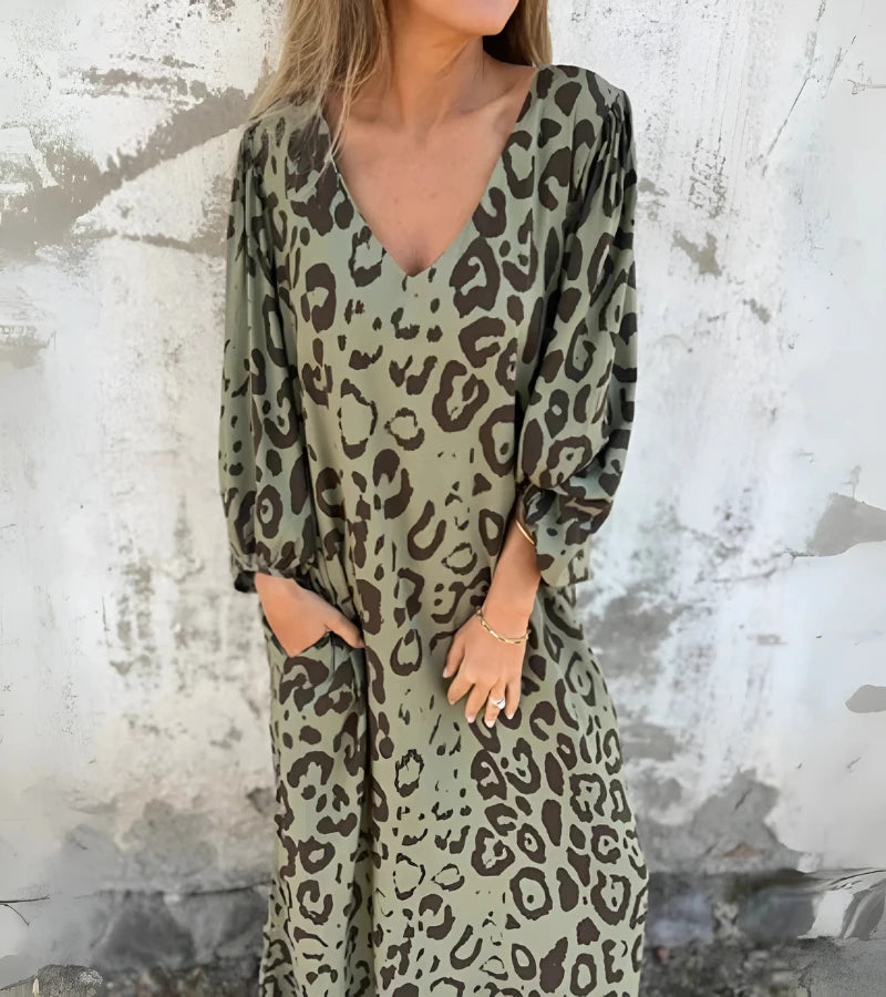 SAFARI | Abito Lungo con Stampa Animalier e Scollo a V