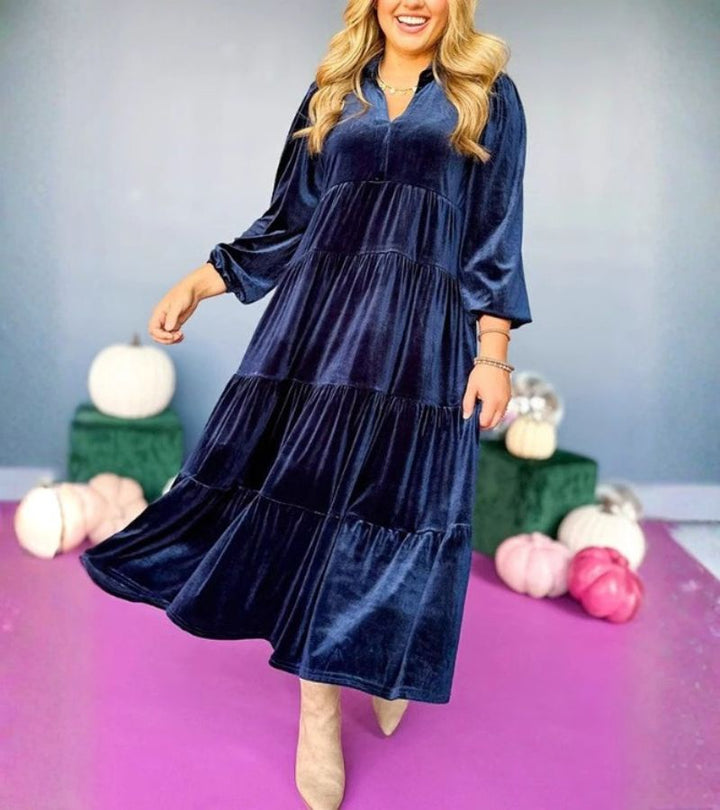 Wanda | Abito midi elegante in velluto a trapezio con scollo a V