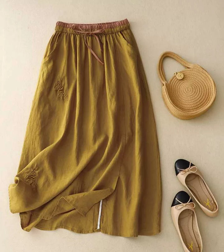 RICA | GONNA LUNGA IN LINO E COTONE CON DETTAGLI ARTIGIANALI