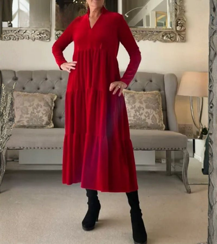 Wanda | Abito midi elegante in velluto a trapezio con scollo a V