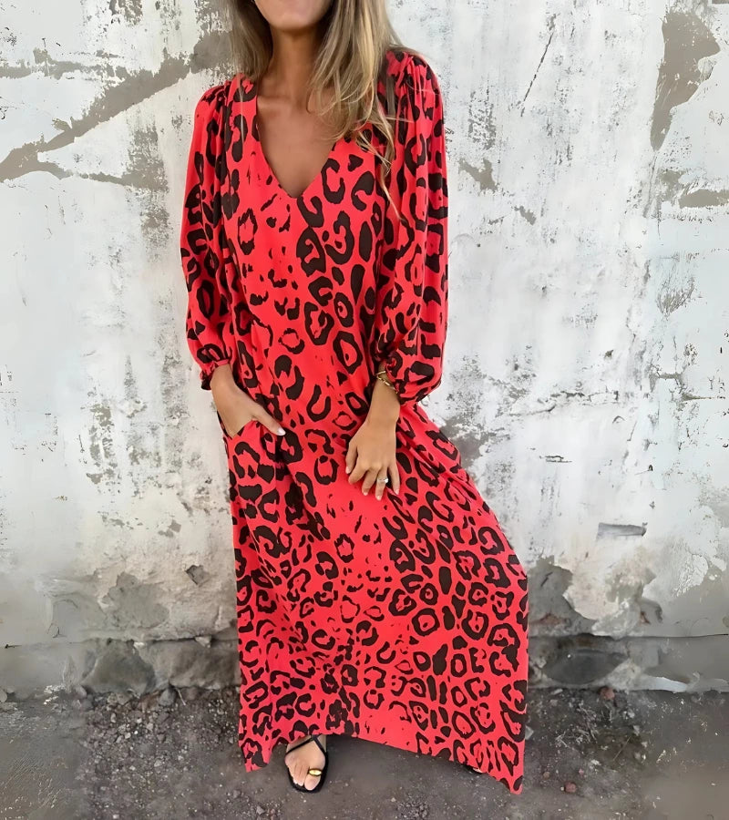 SAFARI | Abito Lungo con Stampa Animalier e Scollo a V