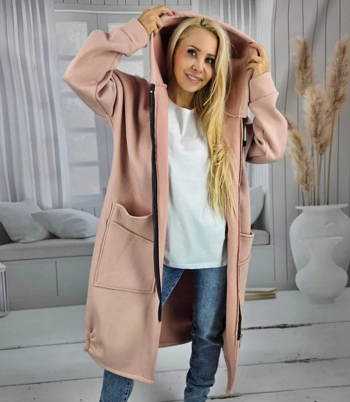 Denise | Cappotto lungo e ampio con cappuccio e chiusura lampo