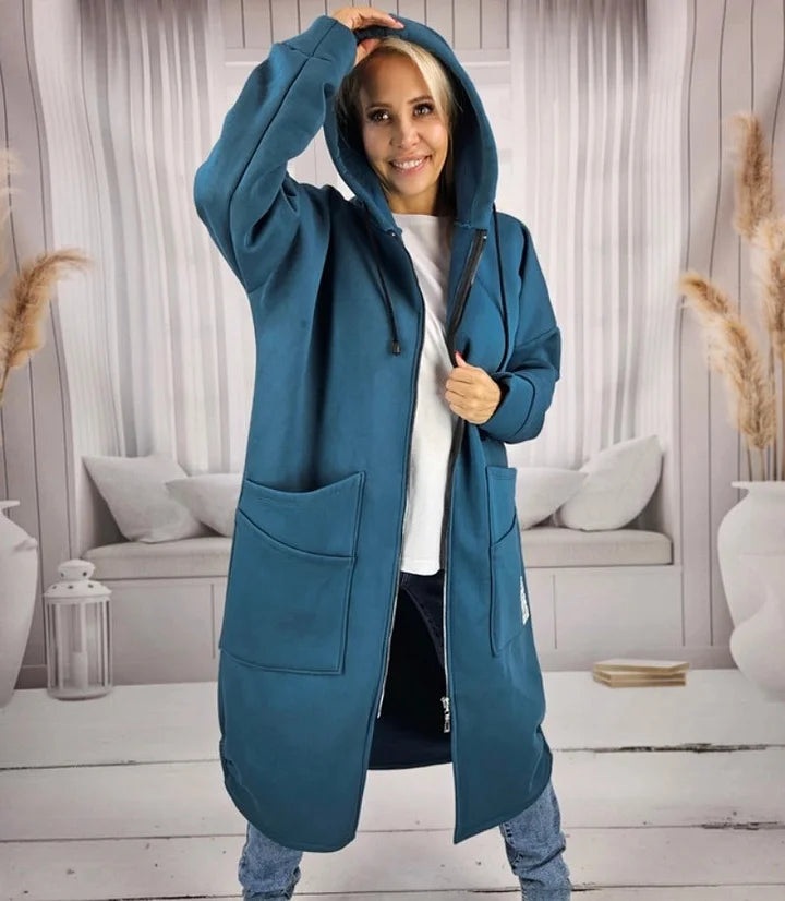 Denise | Cappotto lungo e ampio con cappuccio e chiusura lampo