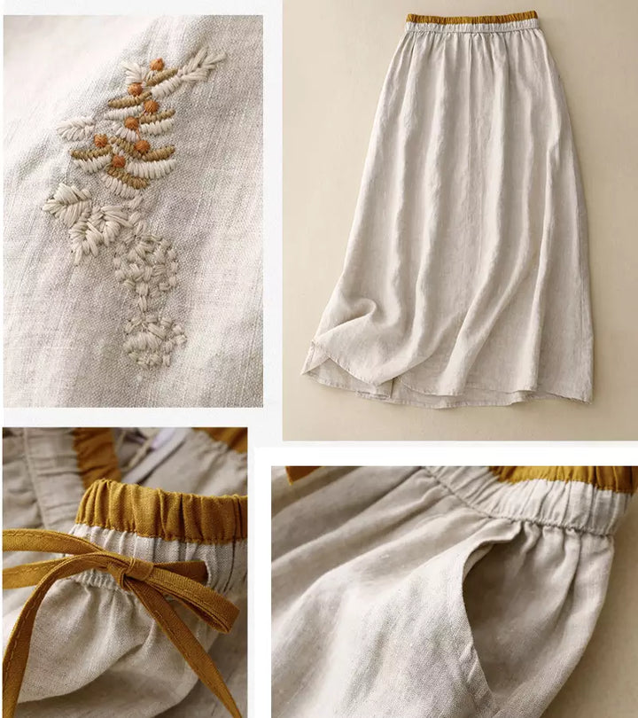 RICA | GONNA LUNGA IN LINO E COTONE CON DETTAGLI ARTIGIANALI