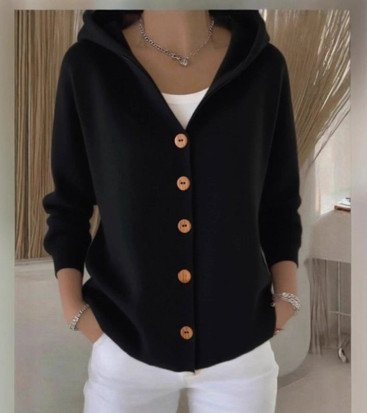 Dora |  Cardigan Comfort Chic con Cappuccio e Bottoni Eleganti