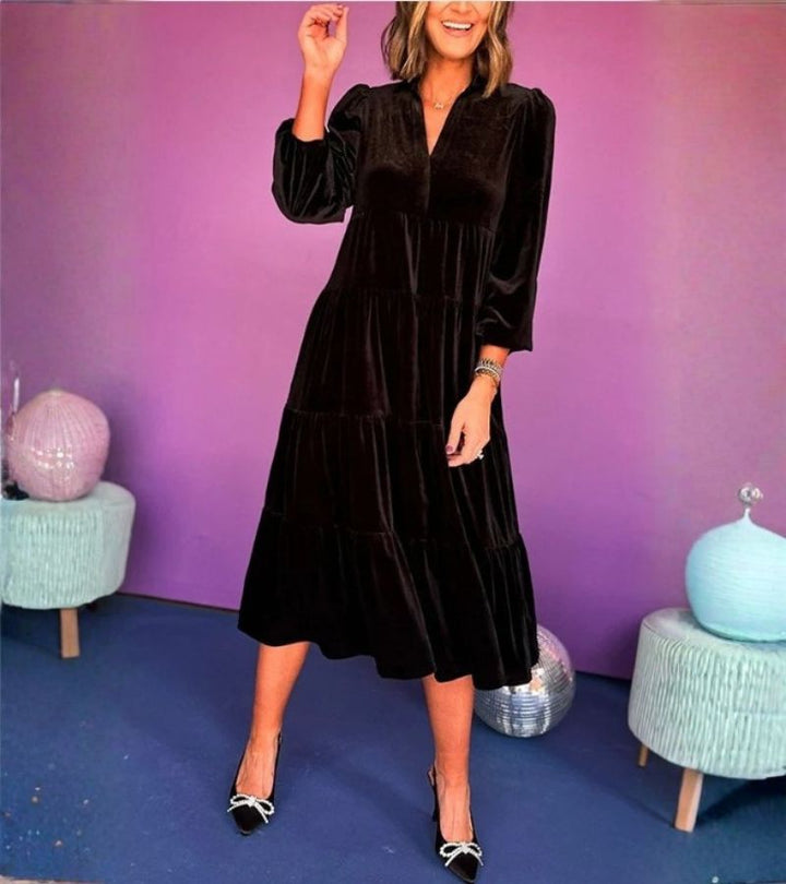 Wanda | Abito midi elegante in velluto a trapezio con scollo a V