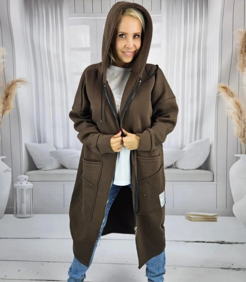 Denise | Cappotto lungo e ampio con cappuccio e chiusura lampo