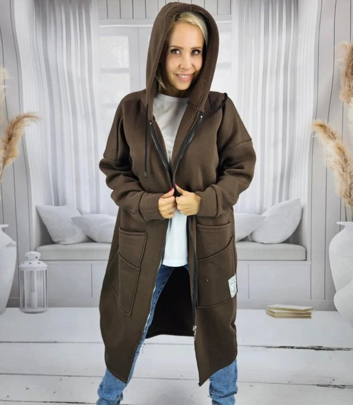 Denise | Cappotto lungo e ampio con cappuccio e chiusura lampo