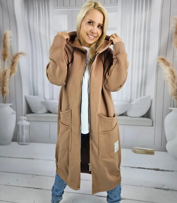 Denise | Cappotto lungo e ampio con cappuccio e chiusura lampo